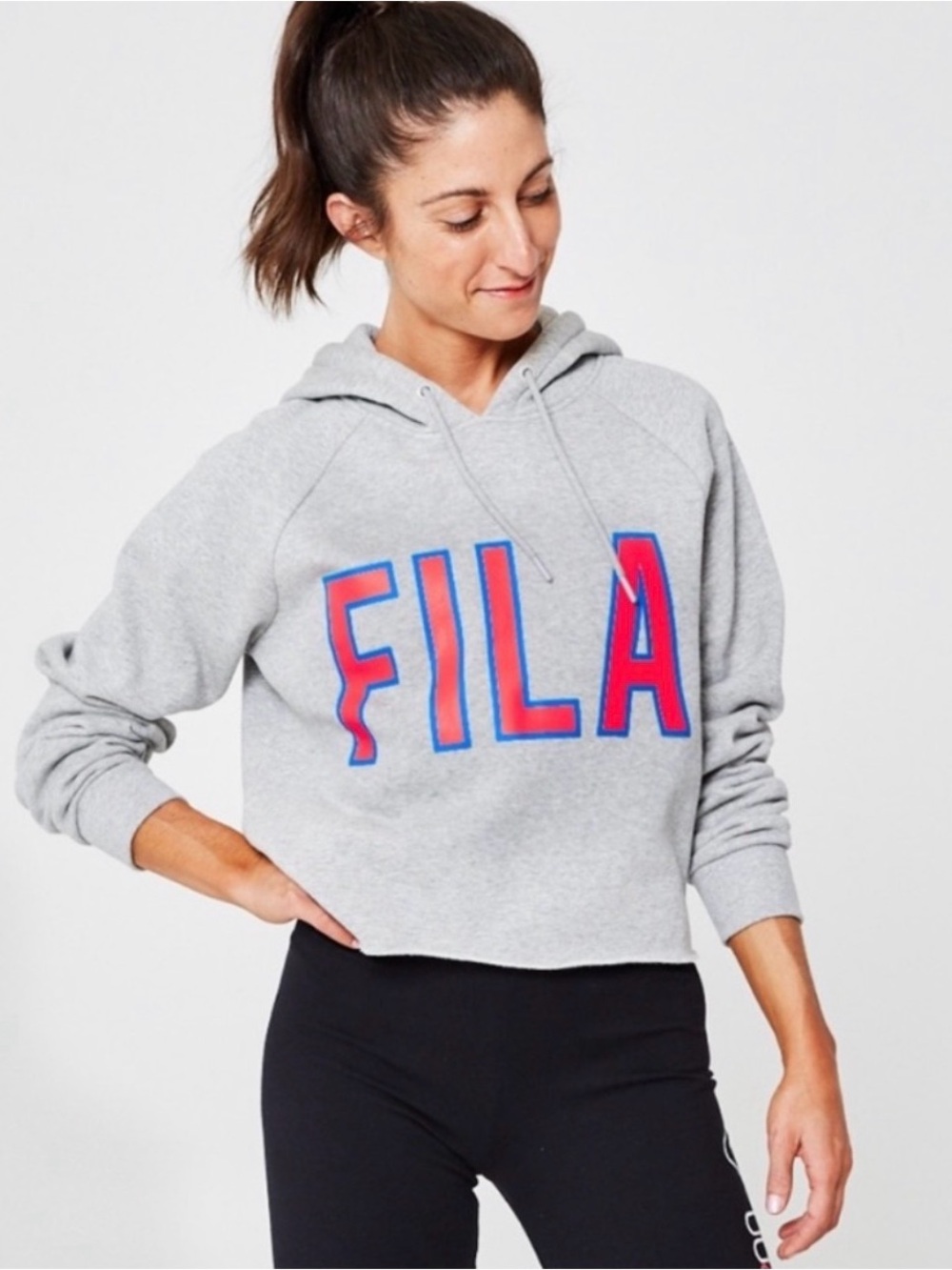 Fila x SoulCycle- Aria Cropped Hoodie- Heather Gray with Hot Pink and Blue Logo